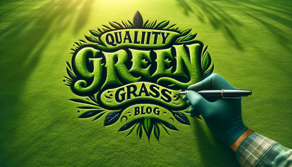 A vibrant, lush green lawn with the company name "Quality Green Grass Blog" intricately designed in grass and leaf motifs. A gloved hand holding a pen is seen finishing the artistic lettering