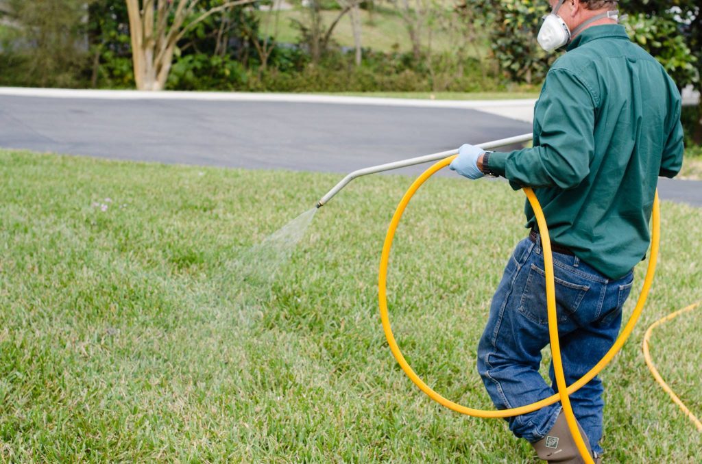 Professional lawn care worker spraying treatment on a well-manicured lawn with protective gear.