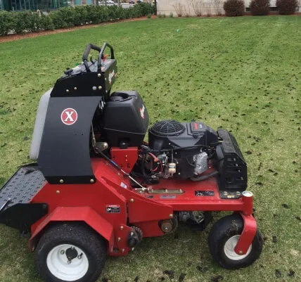 Core aeration services being performed on a suburban lawn with soil plugs scattered across the grass.