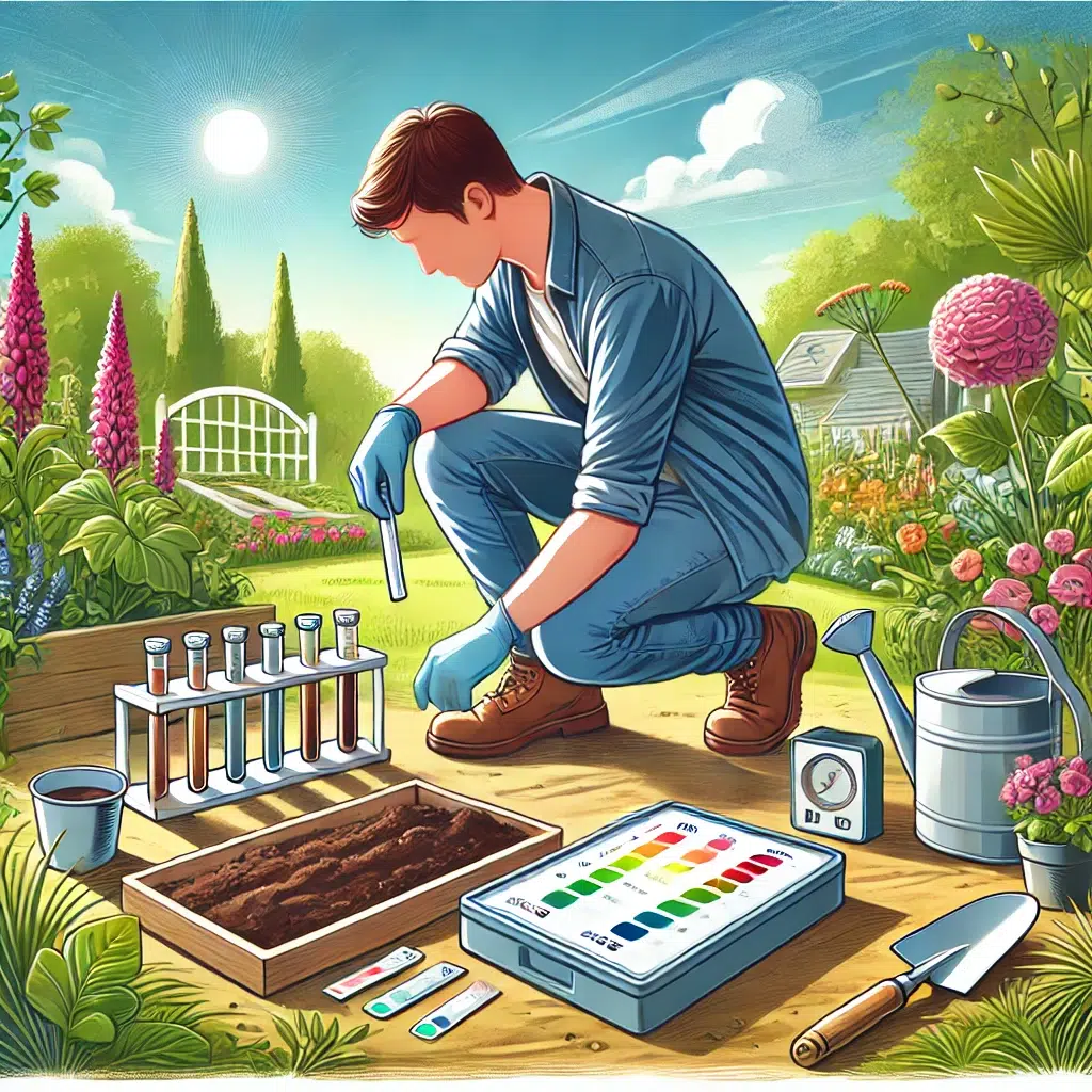 DALL·E 2024 08 24 23.29.20 An illustration showing a gardener testing soil for nutrients in a garden setting. The gardener dressed in casual outdoor clothing with gloves is kn