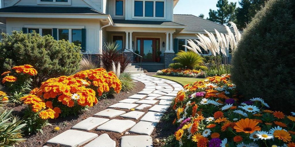 "Tips for budget-friendly curb appeal: neat landscaping, fresh paint, clean walkway."