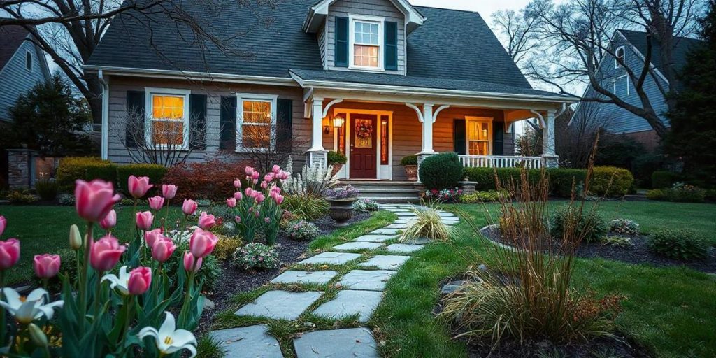 A vibrant front yard with colorful flowers, shrubs & stepping stones leading to a porch.