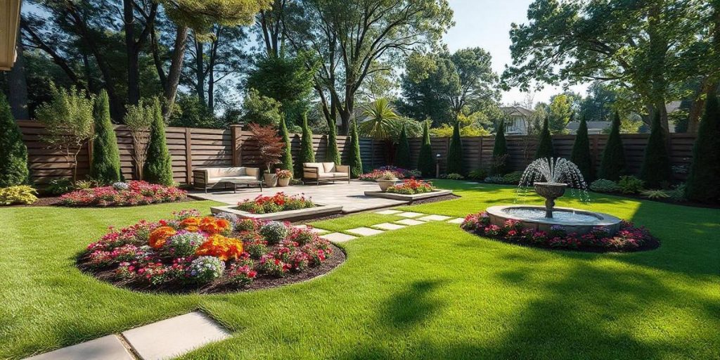 Small front yard landscaping ideas including colorful flowers, pathway, and small shrubs.