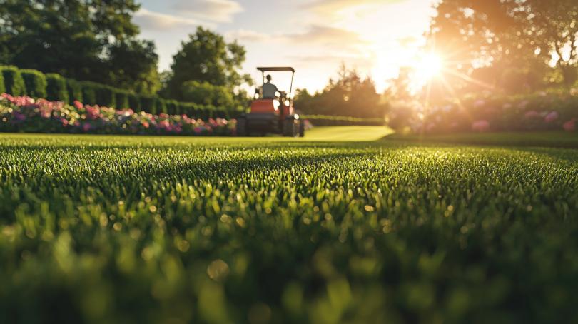 A dedicated gardener aeration and overseeding a lush lawn in early morning light.