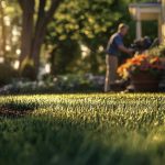 lawn core aeration service machine in action on vibrant lawn in golden light, showcasing lawn care professional.