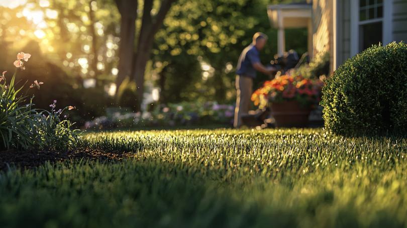 lawn core aeration service machine in action on vibrant lawn in golden light, showcasing lawn care professional.