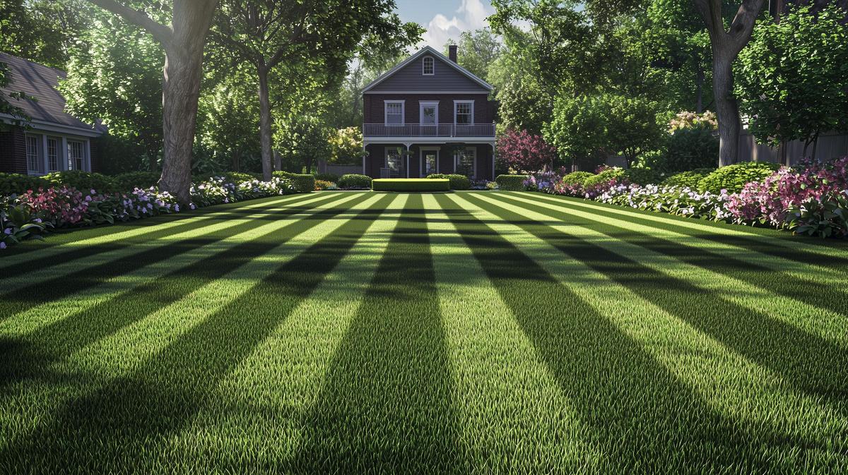 Benefits of Regular Lawn Maintenance: Well-maintained lawn with lush green grass and colorful flowers.