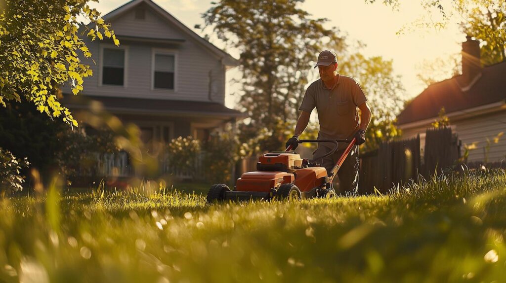 Middle-aged man mowing green backyard under golden sunlight, showcasing Affordable Lawn Mowing.