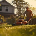 Middle-aged man mowing green backyard under golden sunlight, showcasing Affordable Lawn Mowing.