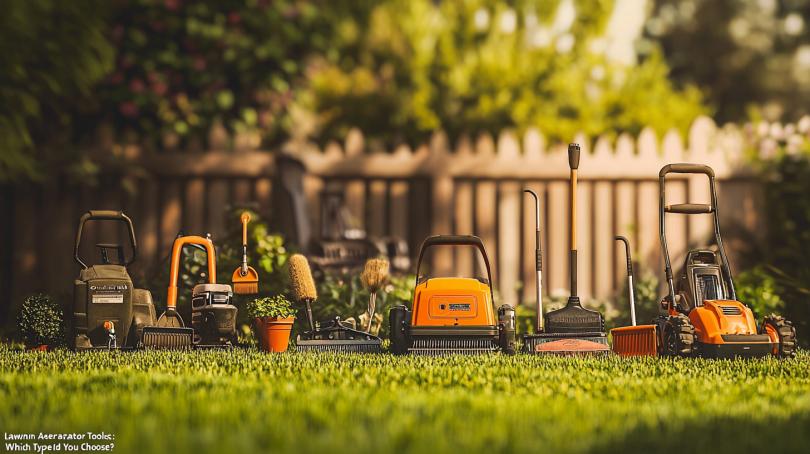 Alt text: High-quality photo showcasing various lawn aerator tools on vibrant green grass.