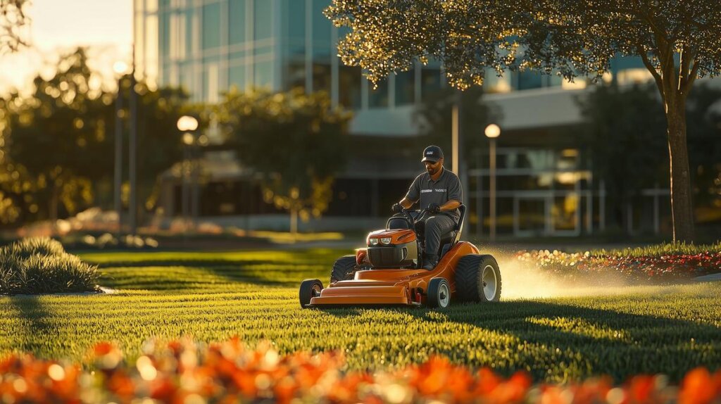 Alt text: A high-quality image of a professional lawn mower at work on a lush green lawn. Commercial Lawn Mowing