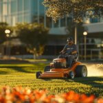 Alt text: A high-quality image of a professional lawn mower at work on a lush green lawn. Commercial Lawn Mowing