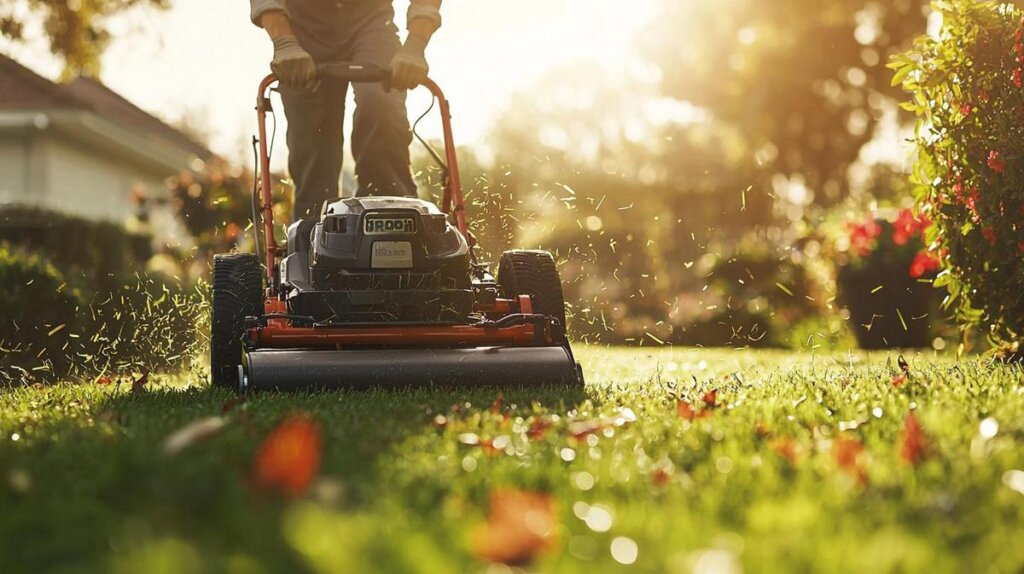 A professional lawn mowing a lush green lawn with precision and expertise.