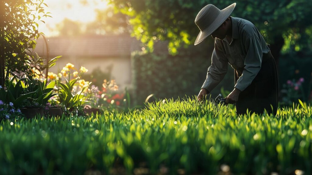 Gardener meticulously follows fertilize lawn schedule in stunning, sunlit suburban garden setting.