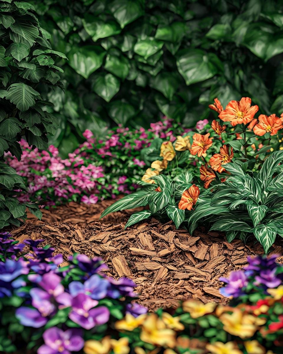 A guide showing different mulch types for gardens with colorful examples.