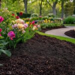 Expertly designed garden featuring diverse mulch types accentuating vibrant flowers and lush greenery. Best mulch for landscape