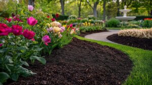 Expertly designed garden featuring diverse mulch types accentuating vibrant flowers and lush greenery. Best mulch for landscape