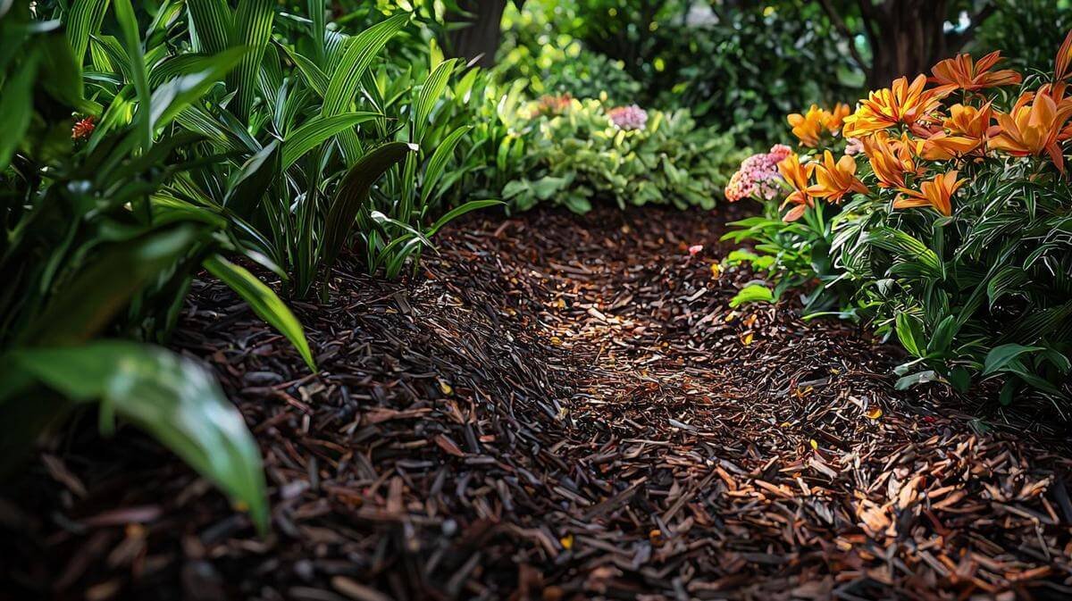 Image showing mulch around plants in a garden, highlighting benefits for gardens and landscapes.