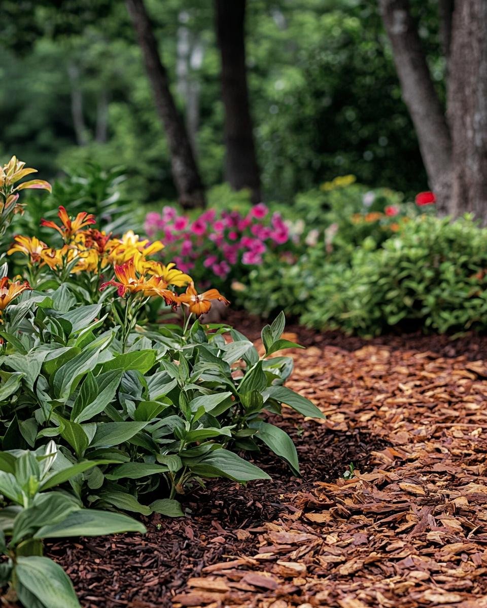 Mulching impact on landscaping and garden design, showing before and after shots.