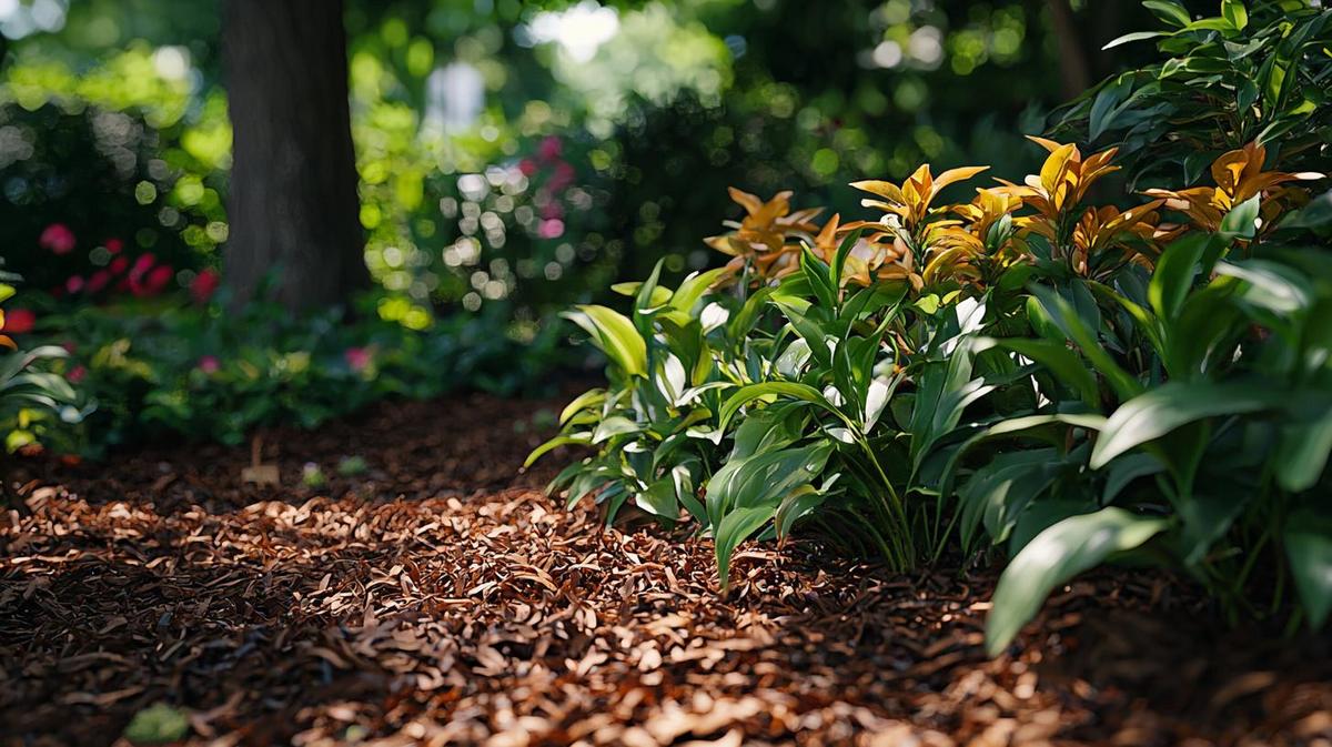 Image showing person spreading mulch around plants in a garden with a shovel.