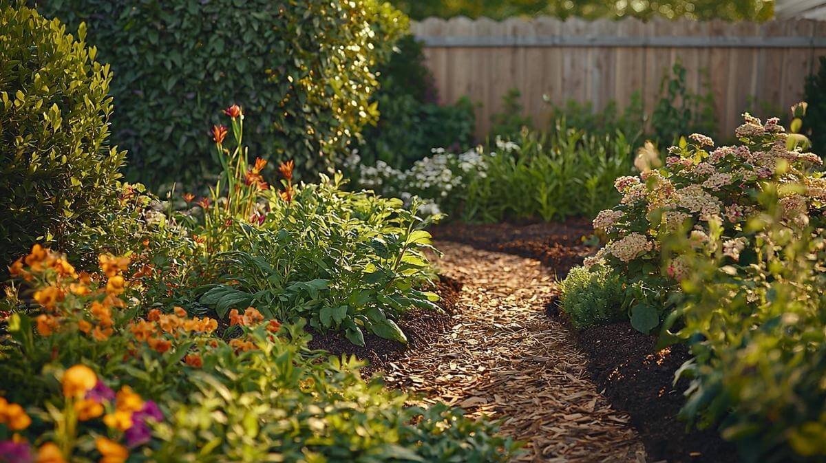 Image alt text: Different landscaping approach without traditional mulch - rocks, succulents, and sculptures.