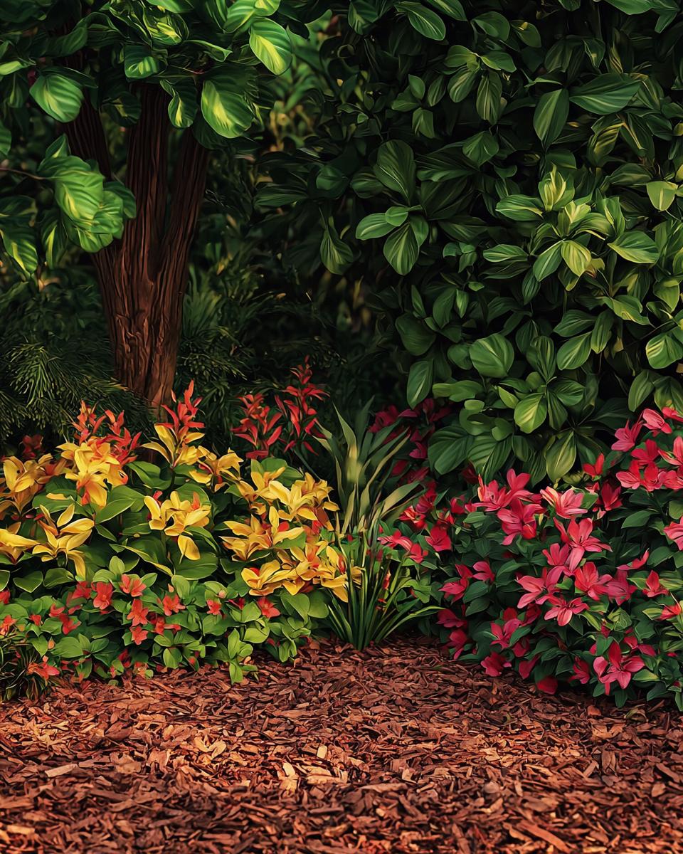 Hyperrealistic garden with bark for mulching, vibrant flowers, and lush green shrubs.