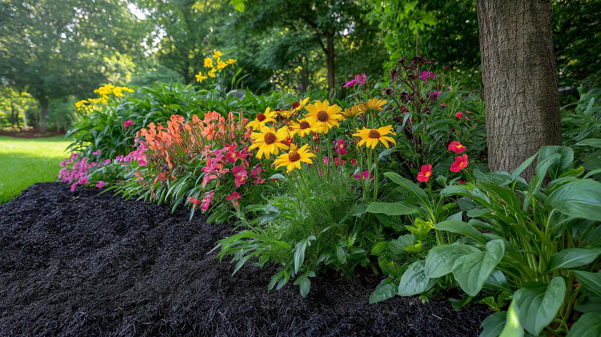 Vibrant flower garden with varied blooms and best flower garden mulch under morning light.