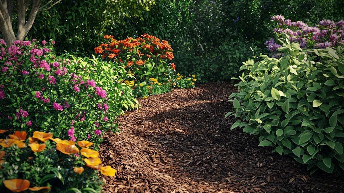 Image showing different types of mulch arranged in a colorful garden display.