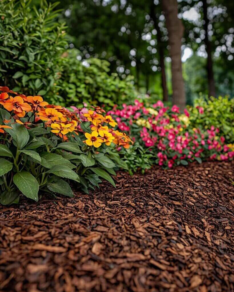 Lush garden with vibrant flowers and vegetables thriving, enhanced by rich bedding mulch.