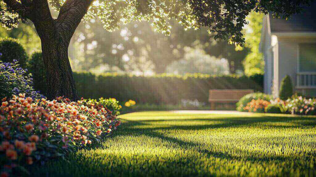 A meticulously maintained lawn with vibrant flowers, illuminated by sunlight, surrounded by tranquility.