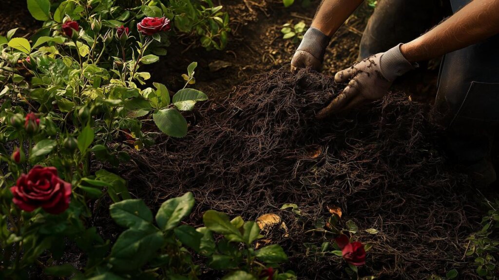 A gardener meticulously mulching rose bushes, emphasizing mulch's role in moisture conservation and weed suppression.