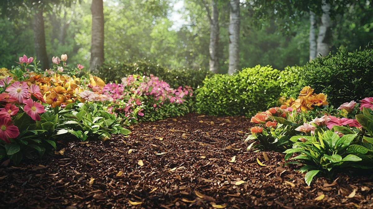 Alt text: Gardening tools on grass, showcasing mulching techniques and best practices.