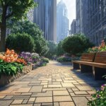 Commercial Landscaping with vibrant flowers, modern benches, and high-rise building in a bustling district."