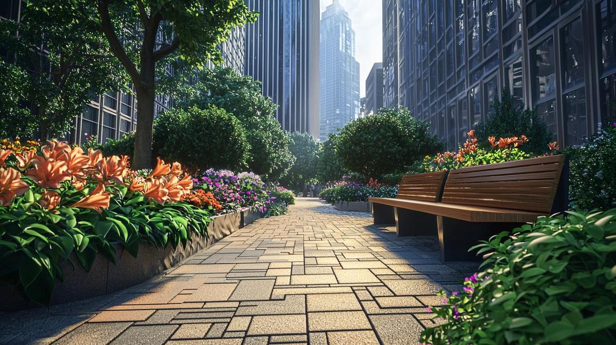 Commercial Landscaping with vibrant flowers, modern benches, and high-rise building in a bustling district."