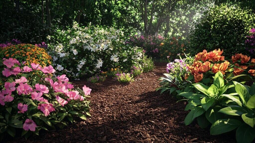 Close-up of mulched garden bed with organic texture, vibrant plants, and blooming flowers.