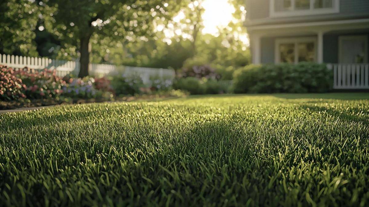 A hyperrealistic photo of a suburban lawn at the best cutting height, featuring lush greenery.