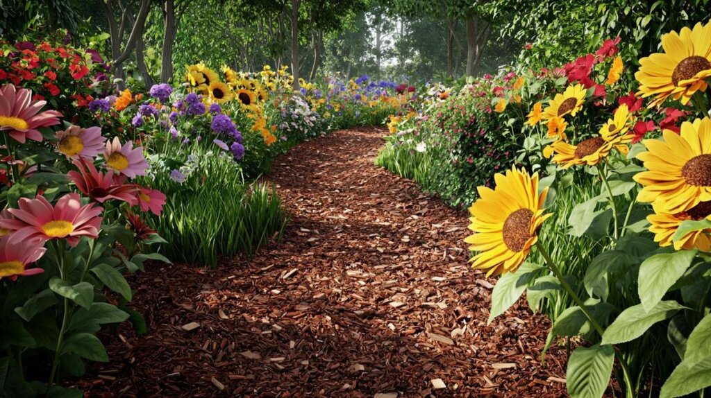 A lush garden bed, richly mulched, showcasing vibrant plants and flowers under soft sunlight.