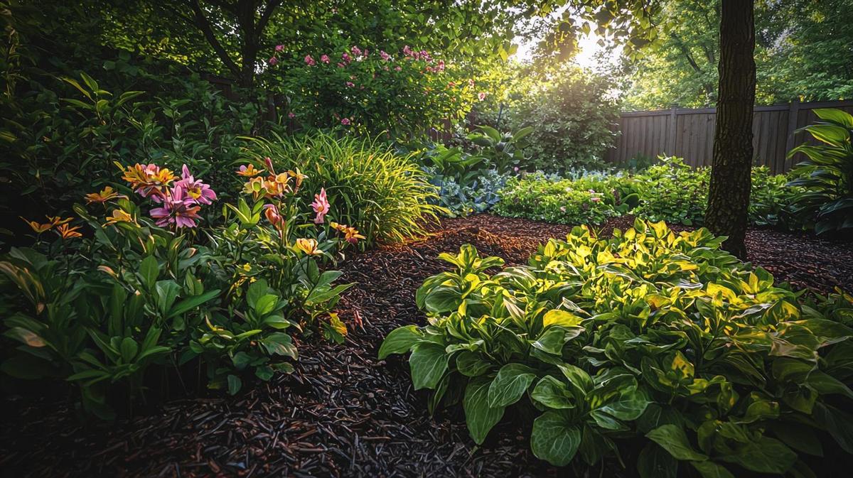 Various types of mulching materials like wood chips, straw, and rocks in a garden.