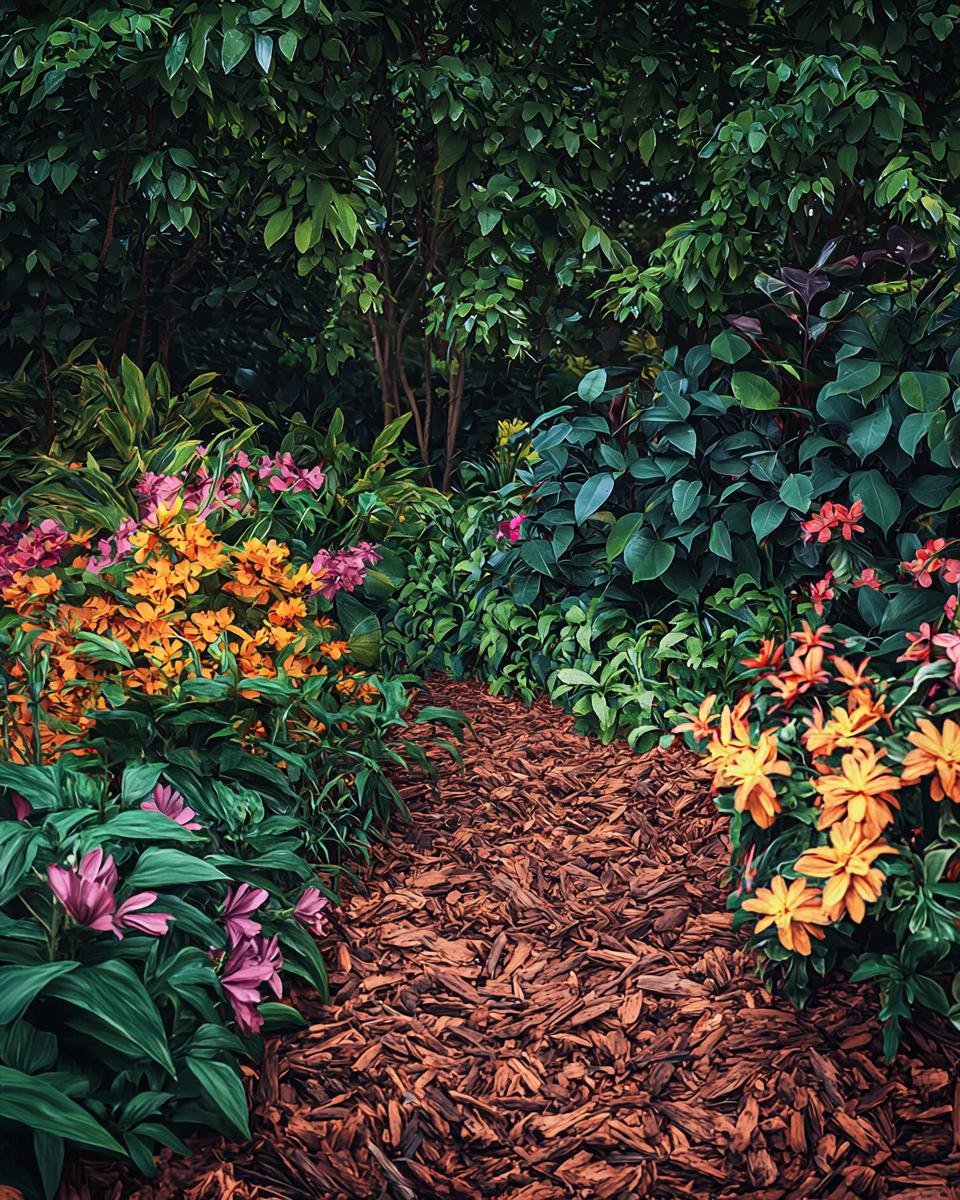 Image of various mulching materials: bark mulch, stones, and wood chips.